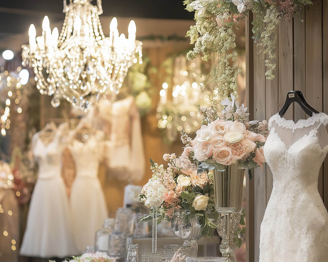 Elegantes Hochzeitskleid auf einer Hochzeitsmesse, umgeben von Blumenarrangements und funkelnden Kronleuchtern.